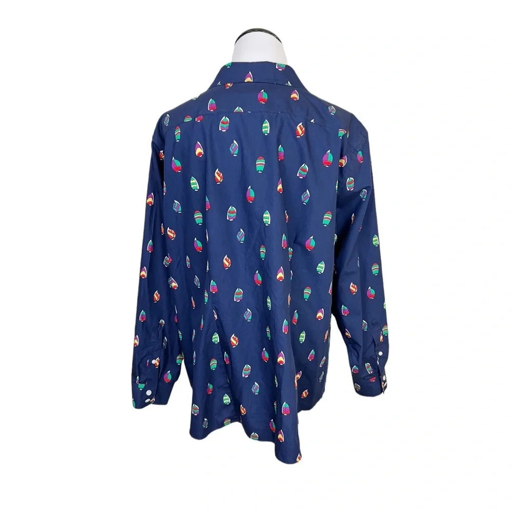Lands End No Iron Supima Button Front Shirt 18W Sailboat Print Navy Blue - Picture 5 of 8